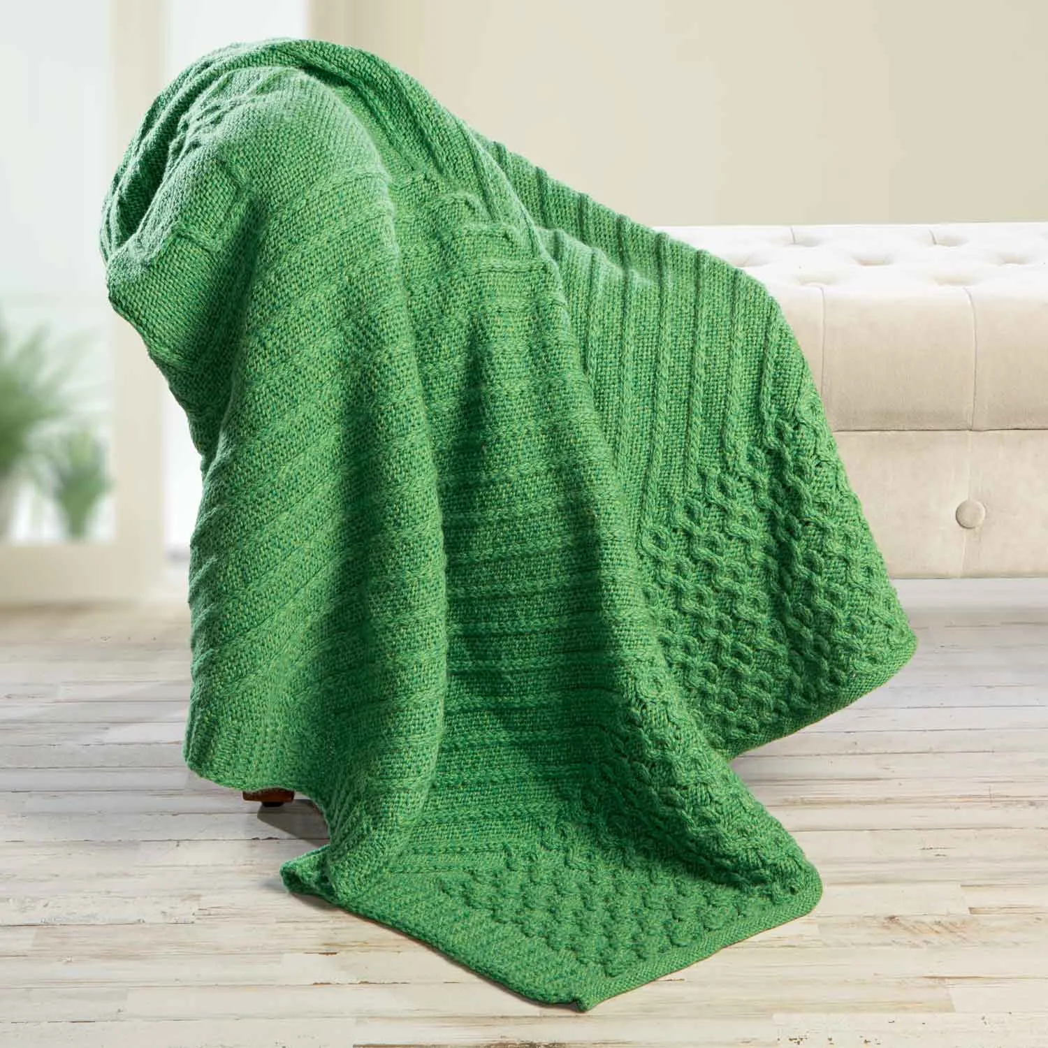 Aran Knit Shamrock Wool Throw Blanket - Green