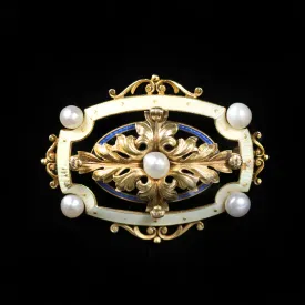 Art Nouveau 14k Yellow Gold Pearl and Enamel Brooch