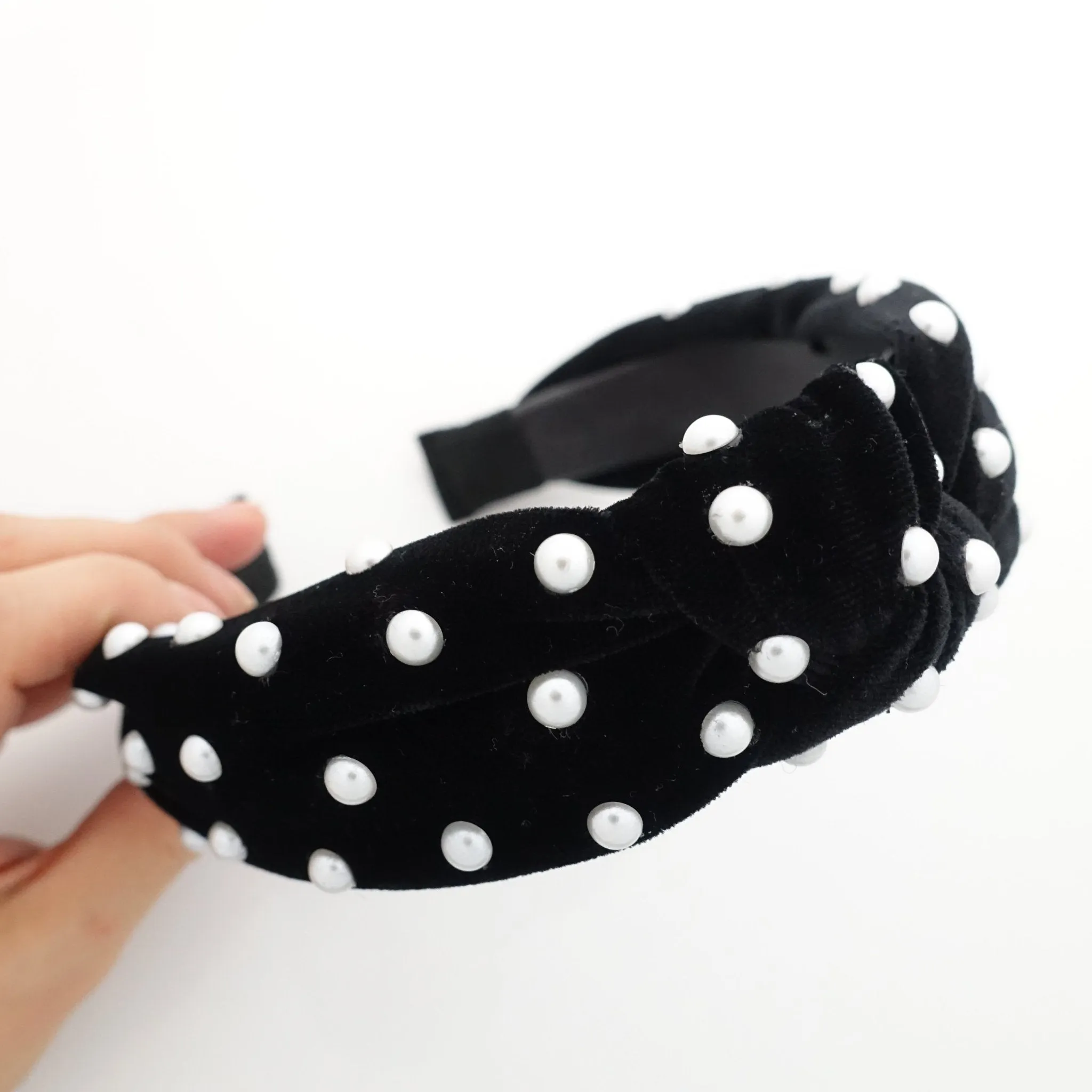 faux pearl decorated velvet fashion headband for women