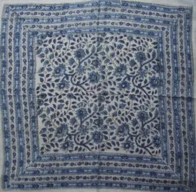 Floral Block Print Scarf Soft Light Cotton 20 x 20 Blue