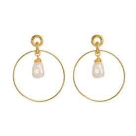 Gold Drop Hoop Earrings for Women with Simulated Pearl Drop