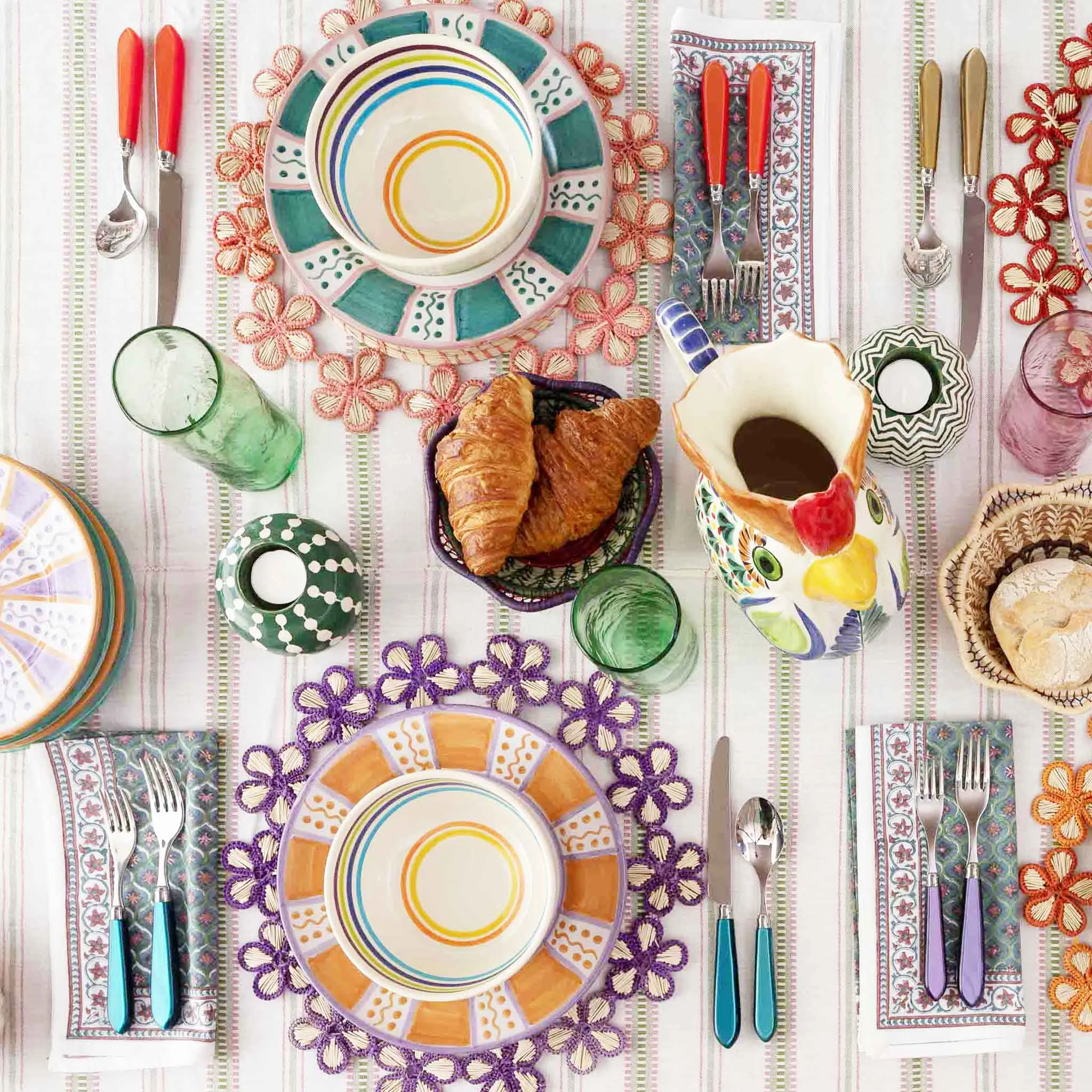 Handwoven Striped Tablecloth Pink Green