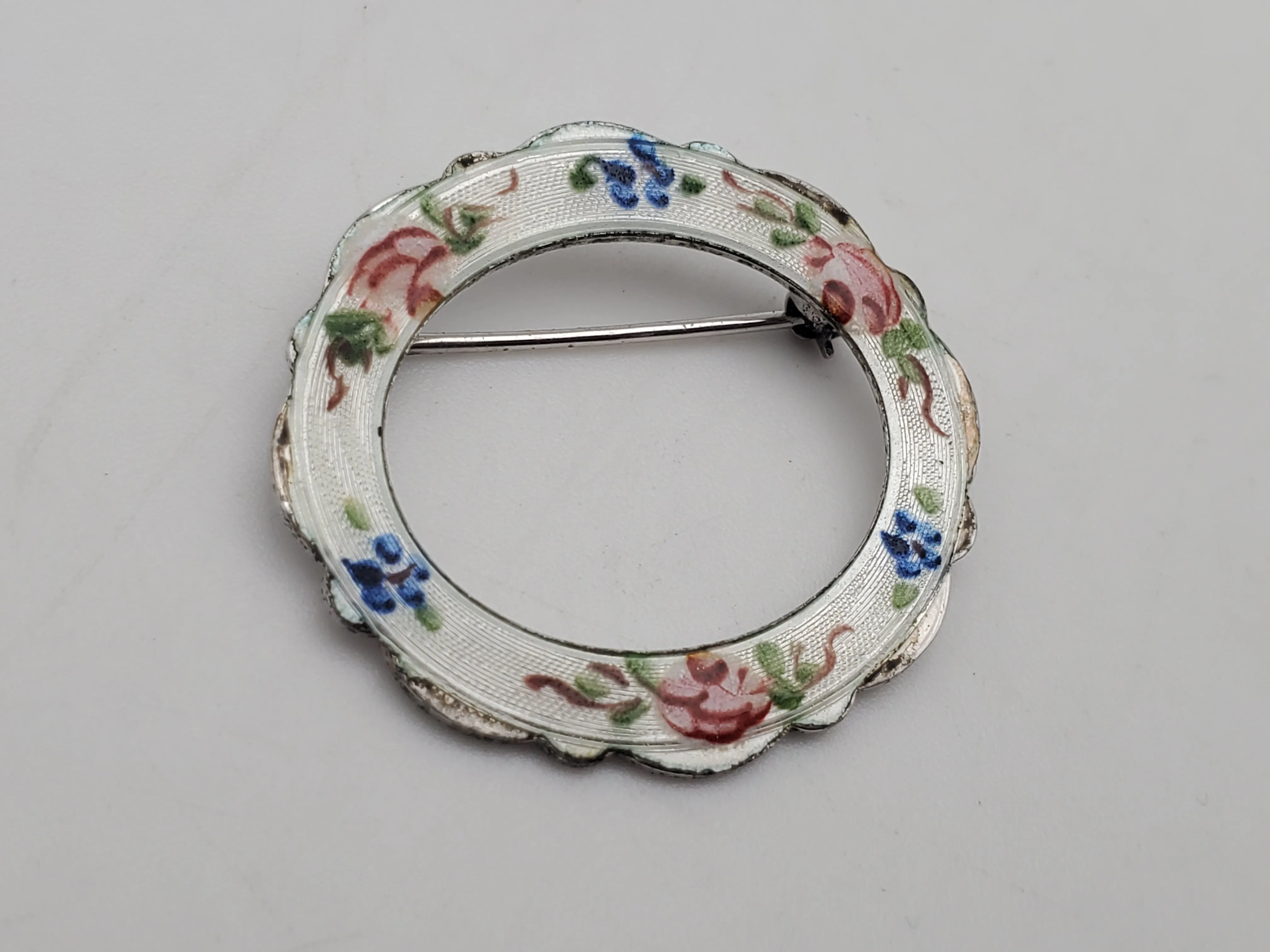 Lamode - Vintage Sterling Silver Floral Hand Painted Guilloche Enamel Hoop Brooch