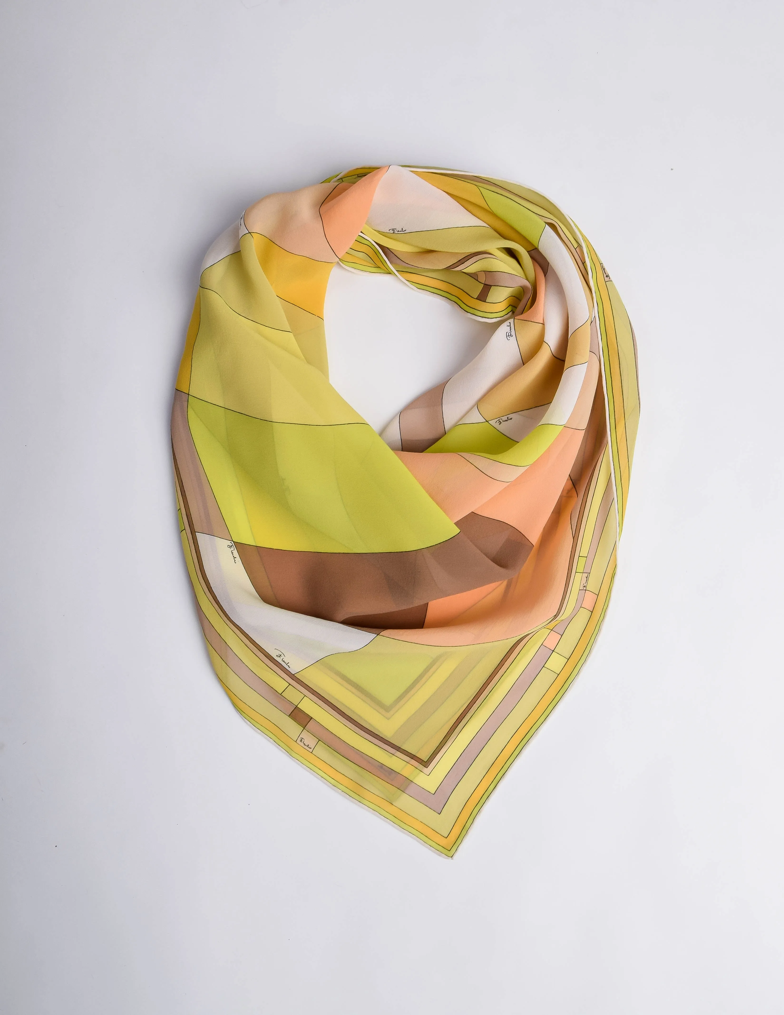 Pucci Vintage Green and Yellow Geometric Print Silk Chiffon Scarf