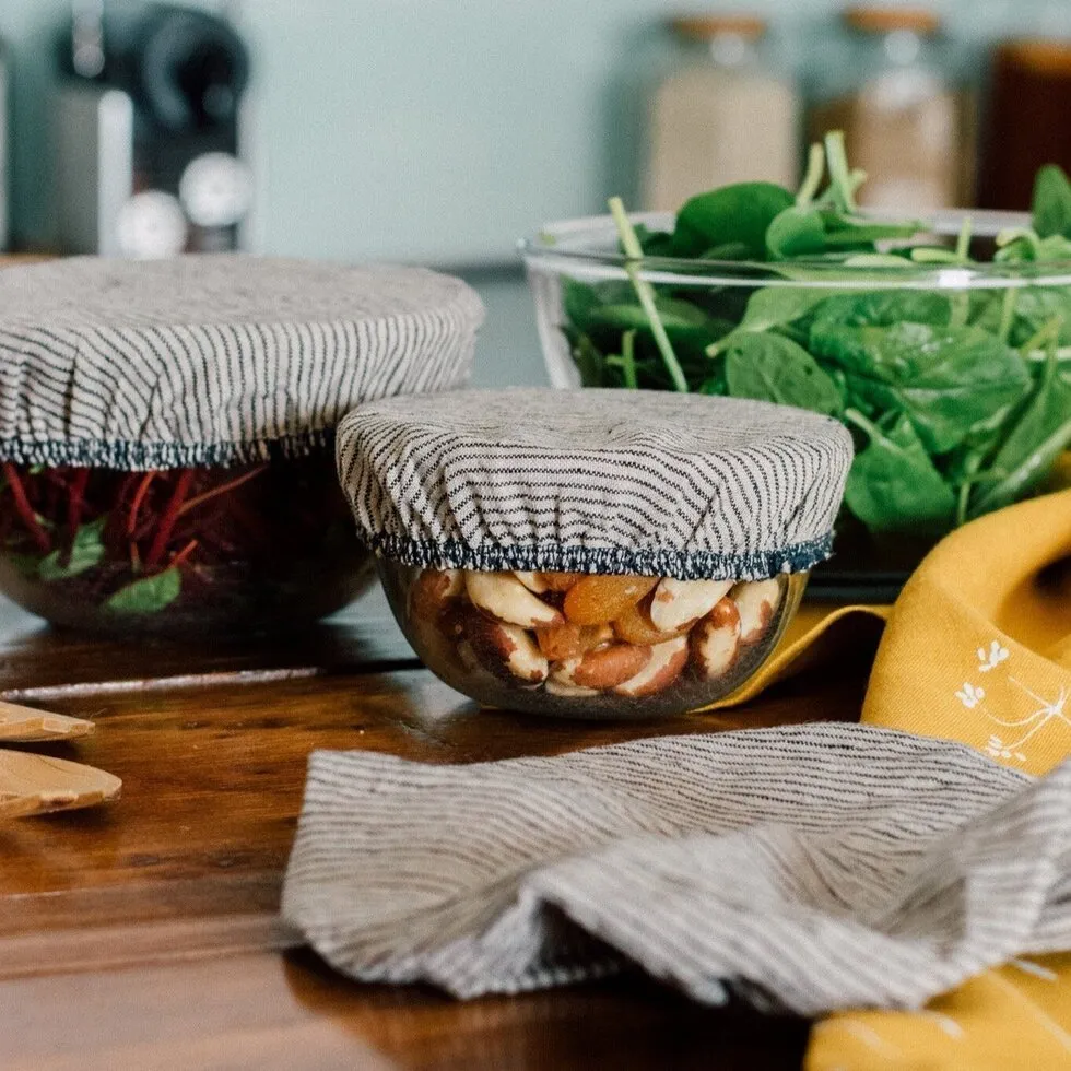 Reusable Linen Food Covers - Set Of Three Dark Blue & Natural Stripe