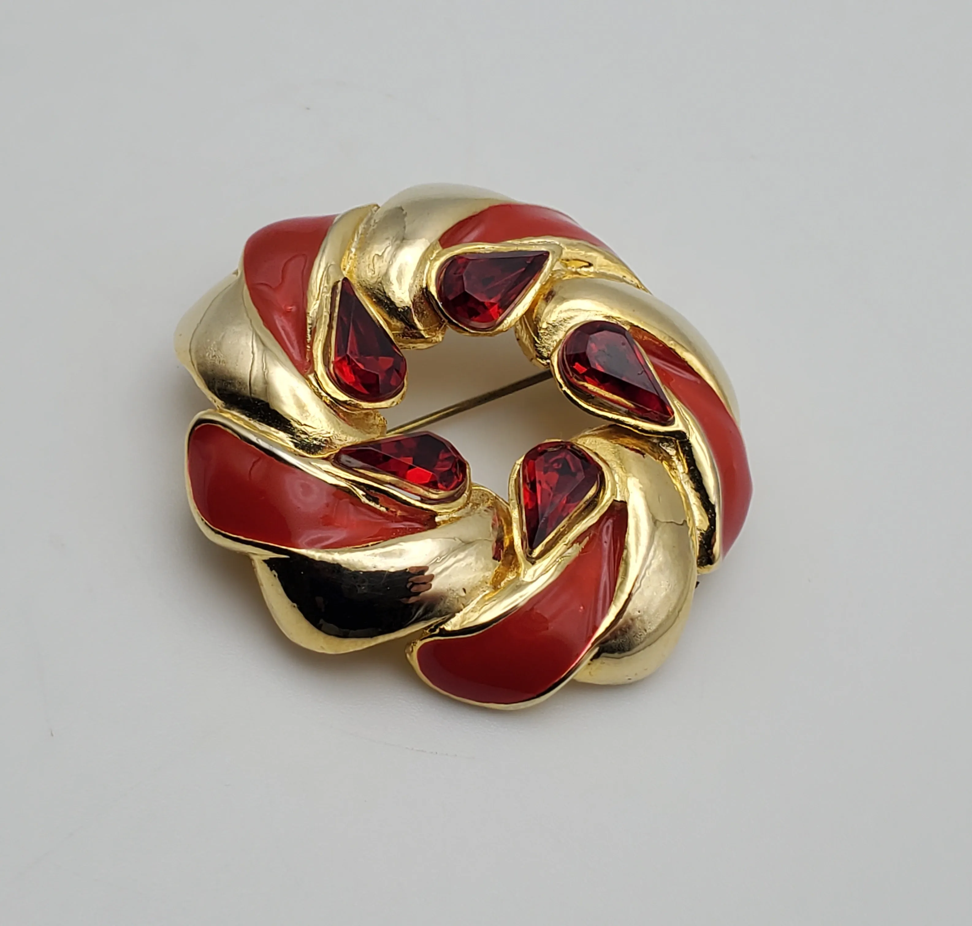 Vintage Gold Tone and Red Enamel Hoop Brooch